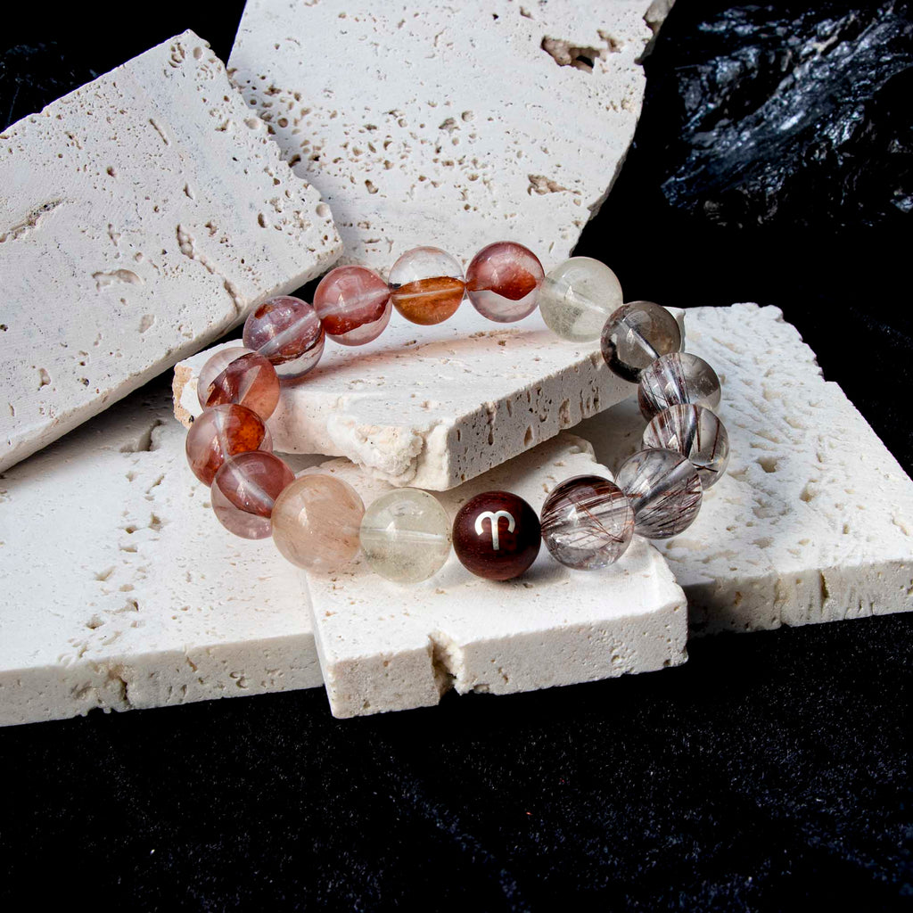 Auralyn Aries Flame Bloom Crystal Bracelet, 13–14mm Red Flower Agate, Red & Venus Rutilated Quartz, Rabbit Hair Quartz, Sterling Silver Aries Bead, Handmade Zodiac Energy Jewelry