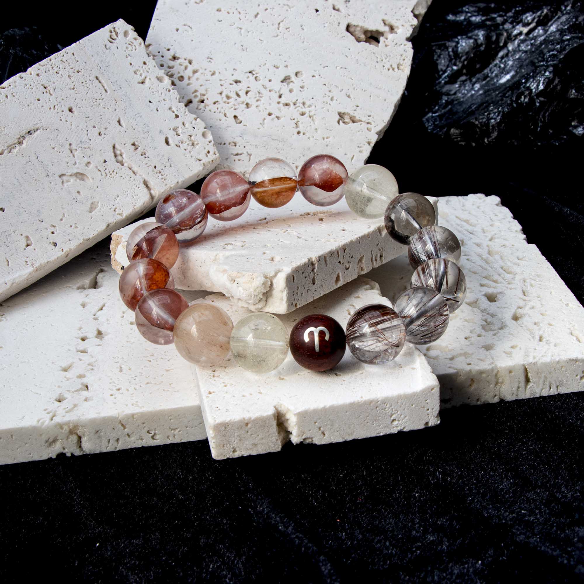 Auralyn Aries Flame Bloom Crystal Bracelet, 13–14mm Red Flower Agate, Red & Venus Rutilated Quartz, Rabbit Hair Quartz, Sterling Silver Aries Bead, Handmade Zodiac Energy Jewelry