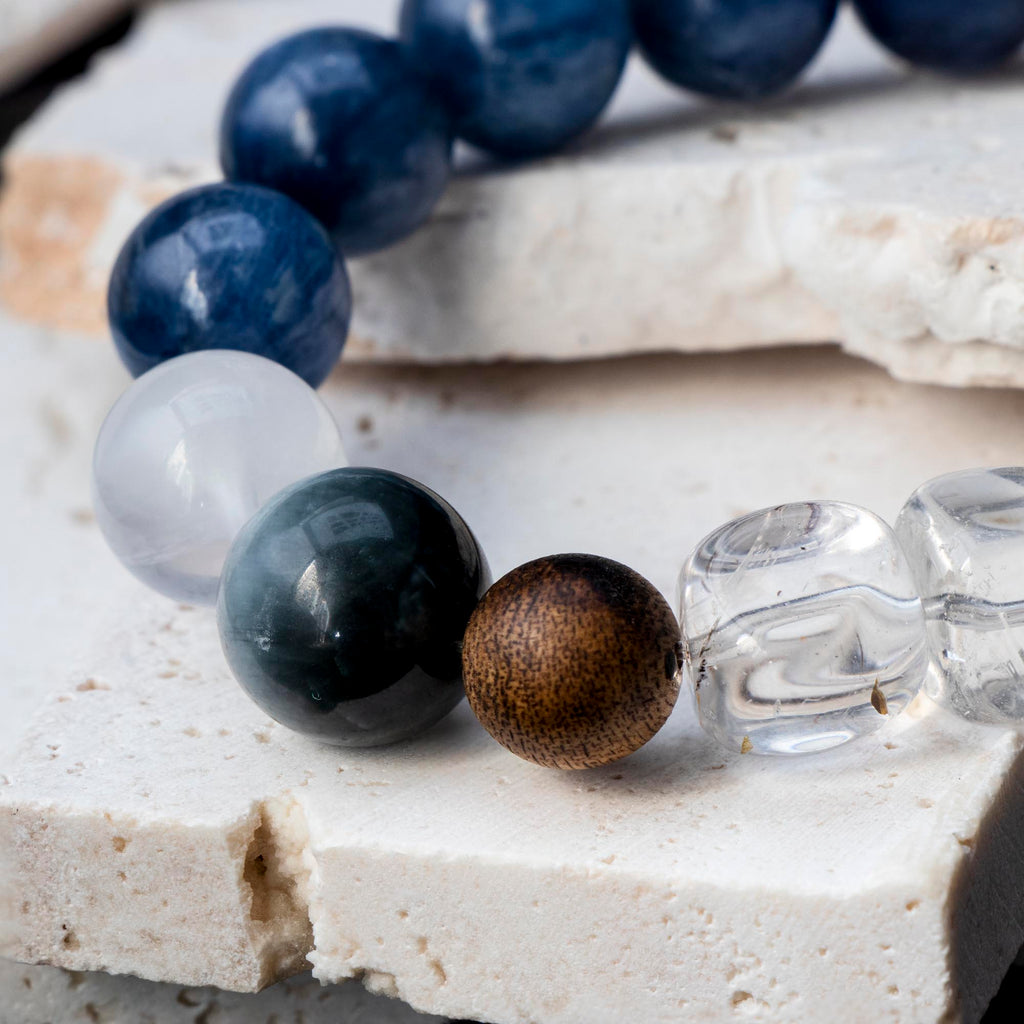 Auralyn Gemini Celestial Flow Crystal Bracelet, 13–14mm Kyanite, Blue Tiger Eye, Aquamarine, White Phantom, Clear Quartz & Herkimer Diamond with 9mm Agarwood and Sterling Silver Gemini Bead, Handmade Zodiac Energy Jewelry