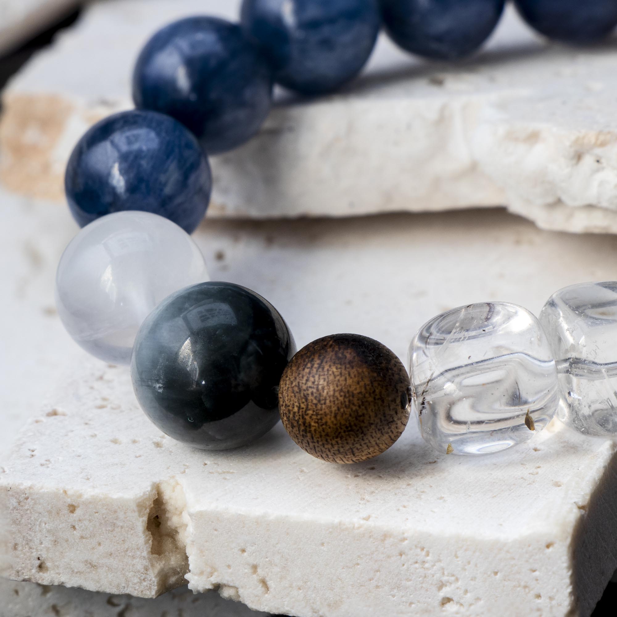 Auralyn Gemini Celestial Flow Crystal Bracelet, 13–14mm Kyanite, Blue Tiger Eye, Aquamarine, White Phantom, Clear Quartz & Herkimer Diamond with 9mm Agarwood and Sterling Silver Gemini Bead, Handmade Zodiac Energy Jewelry