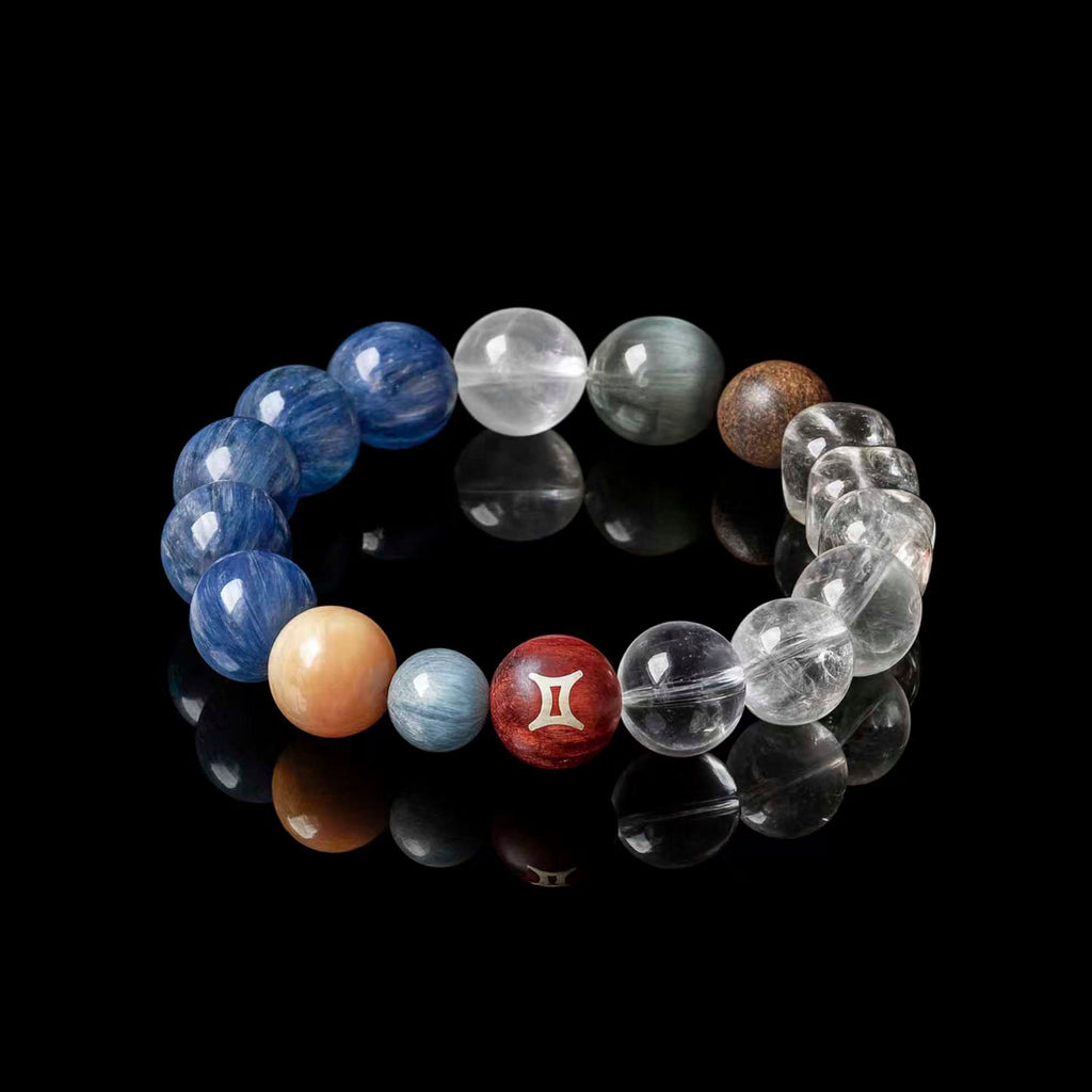 Auralyn Gemini Celestial Flow Crystal Bracelet, 13–14mm Kyanite, Blue Tiger Eye, Aquamarine, White Phantom, Clear Quartz & Herkimer Diamond with 9mm Agarwood and Sterling Silver Gemini Bead, Handmade Zodiac Energy Jewelry