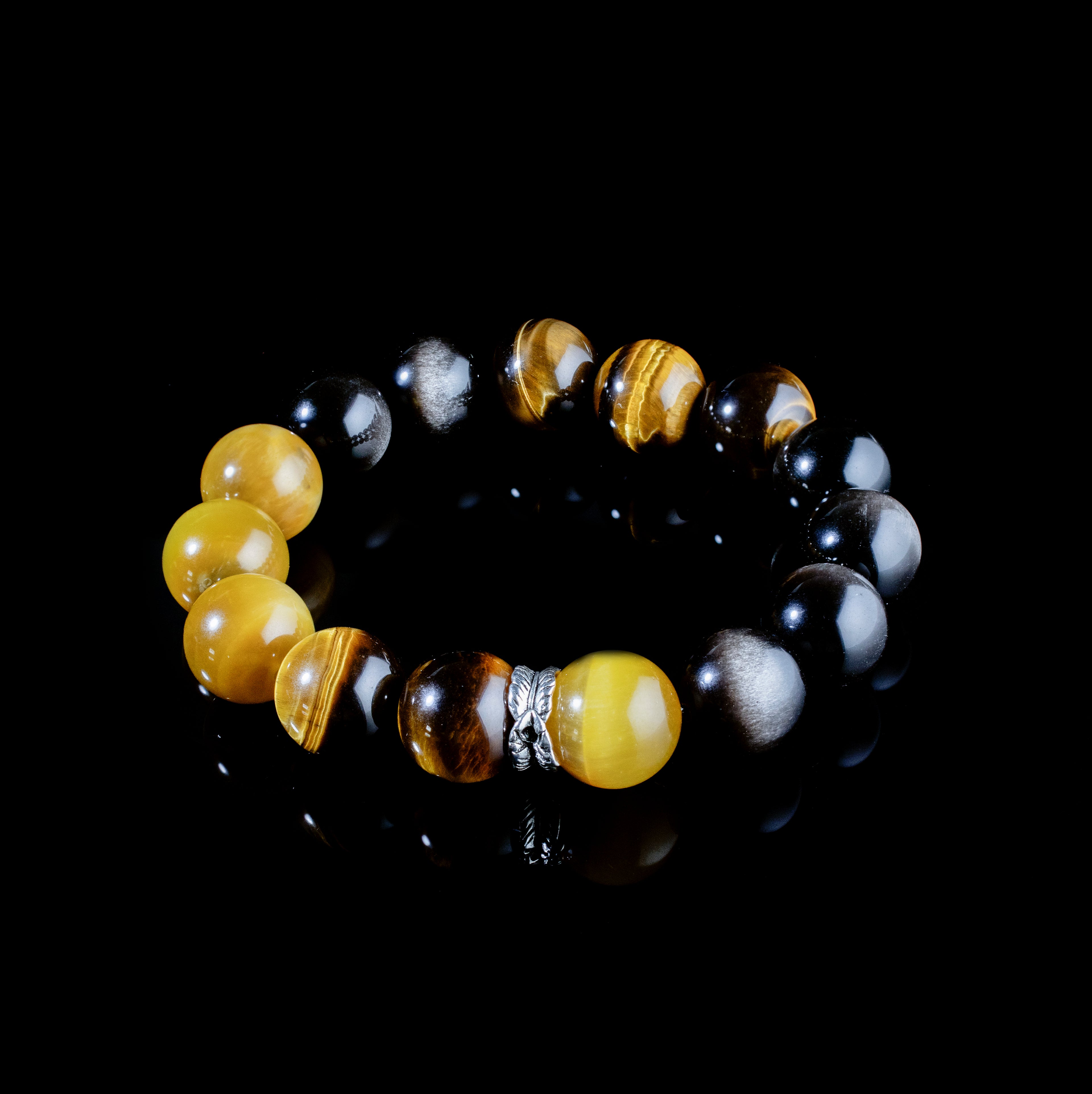 Celestial Guardian Bracelet – Tiger’s Eye & Silver Obsidian with Tibetan Silver Rings | Protective Energy Gift