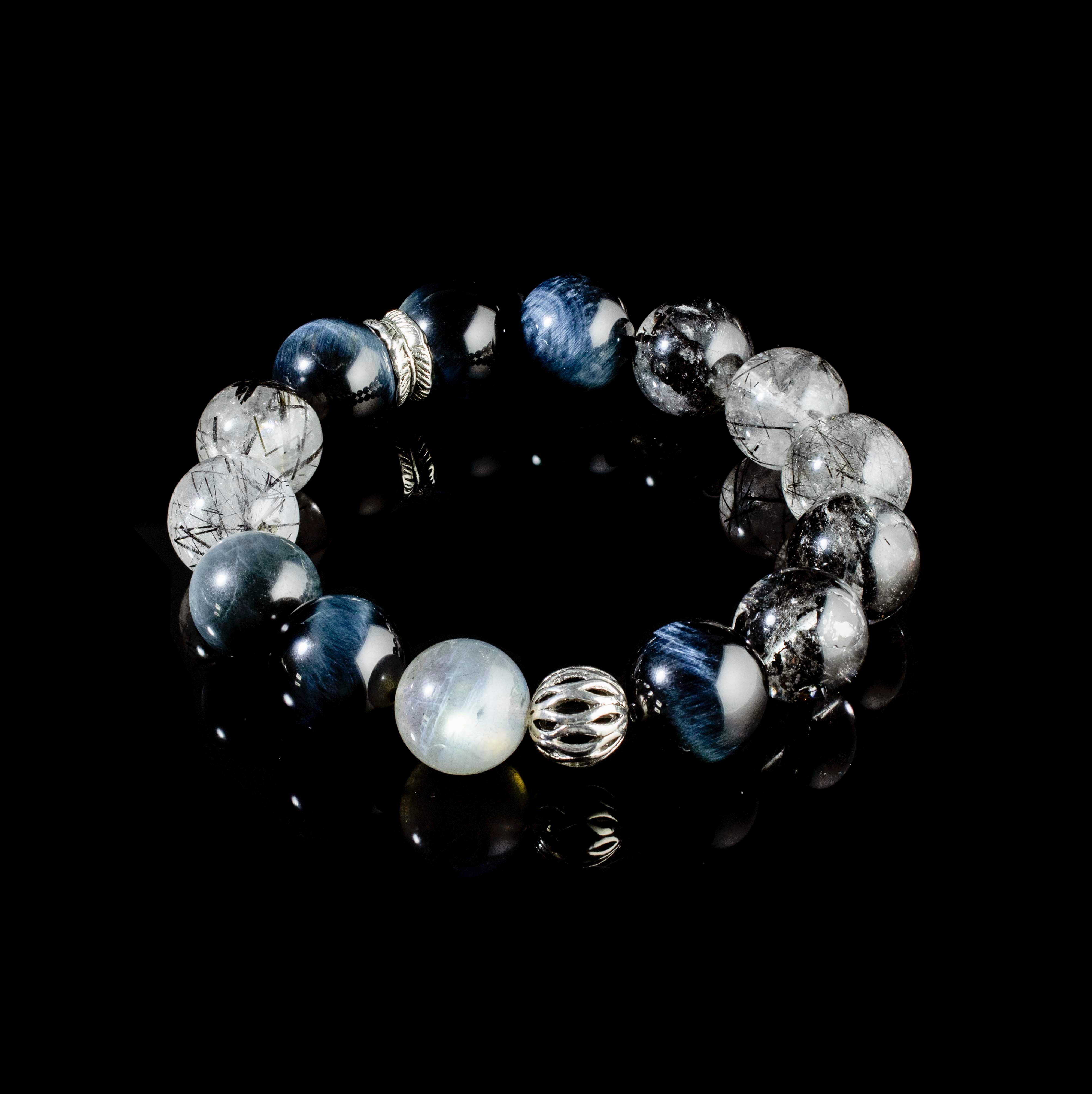 Abyssal Meridian Bracelet – Blue Tiger’s Eye, Black Rutilated, Sparkle Quartz & Gray Moonstone | 13–14mm Handmade Gift