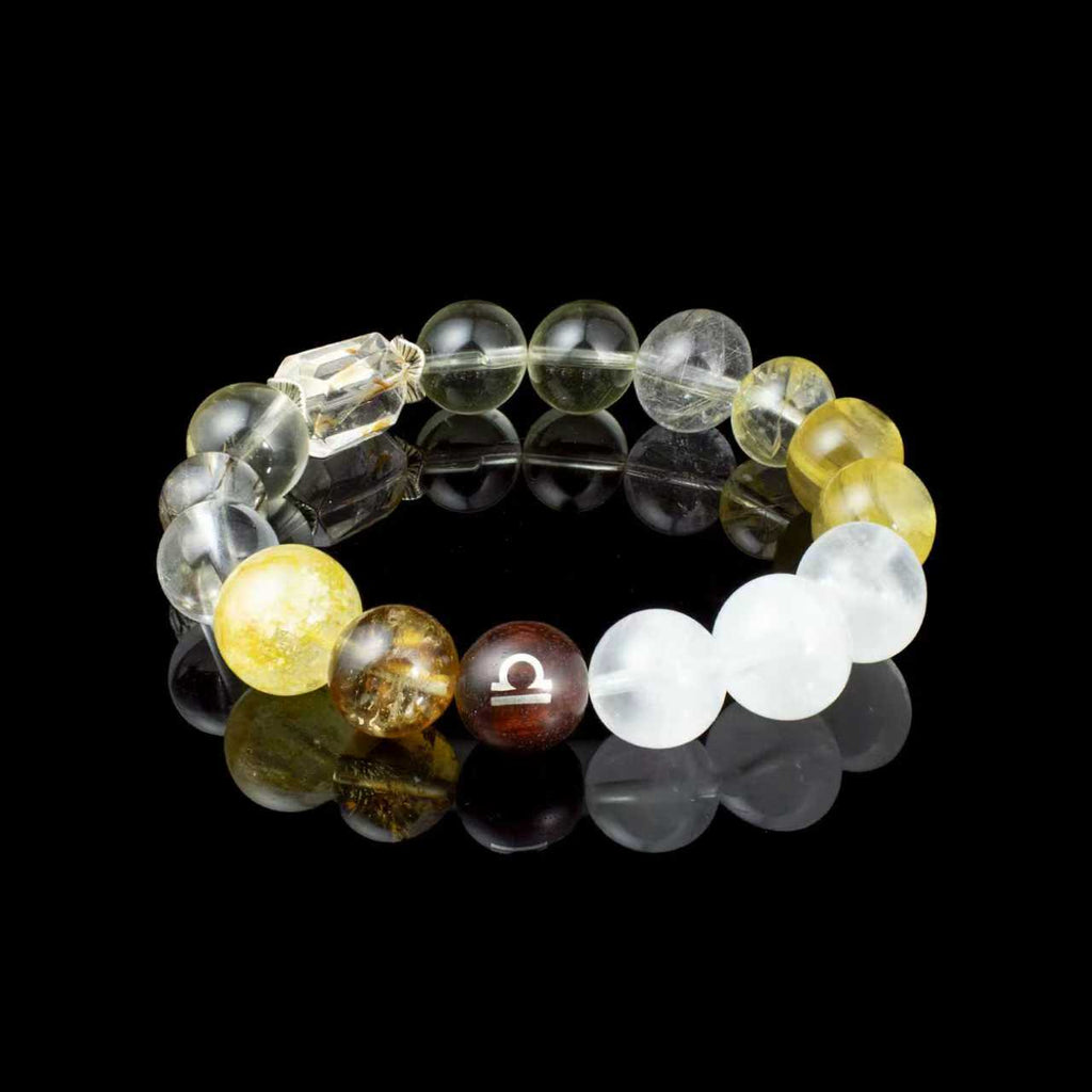 Auralyn Libra Golden Balance Super Seven Crystal Bracelet, 13–14mm Super Seven with Citrine, Flower Agate (Golden/Orange), White Phantom Quartz & Tiger’s Eye, Raw Mineral Accent, Sterling-Silver Inlaid Libra Redwood Bead, Handmade