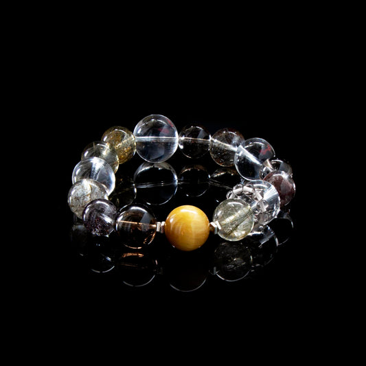 Tiger’s Eye Crystal Bracelet with Green Rutilated Quartz, Copper Rutilated Quartz, Clear Quartz & Smoky Quartz – Strength, Clarity & Protection