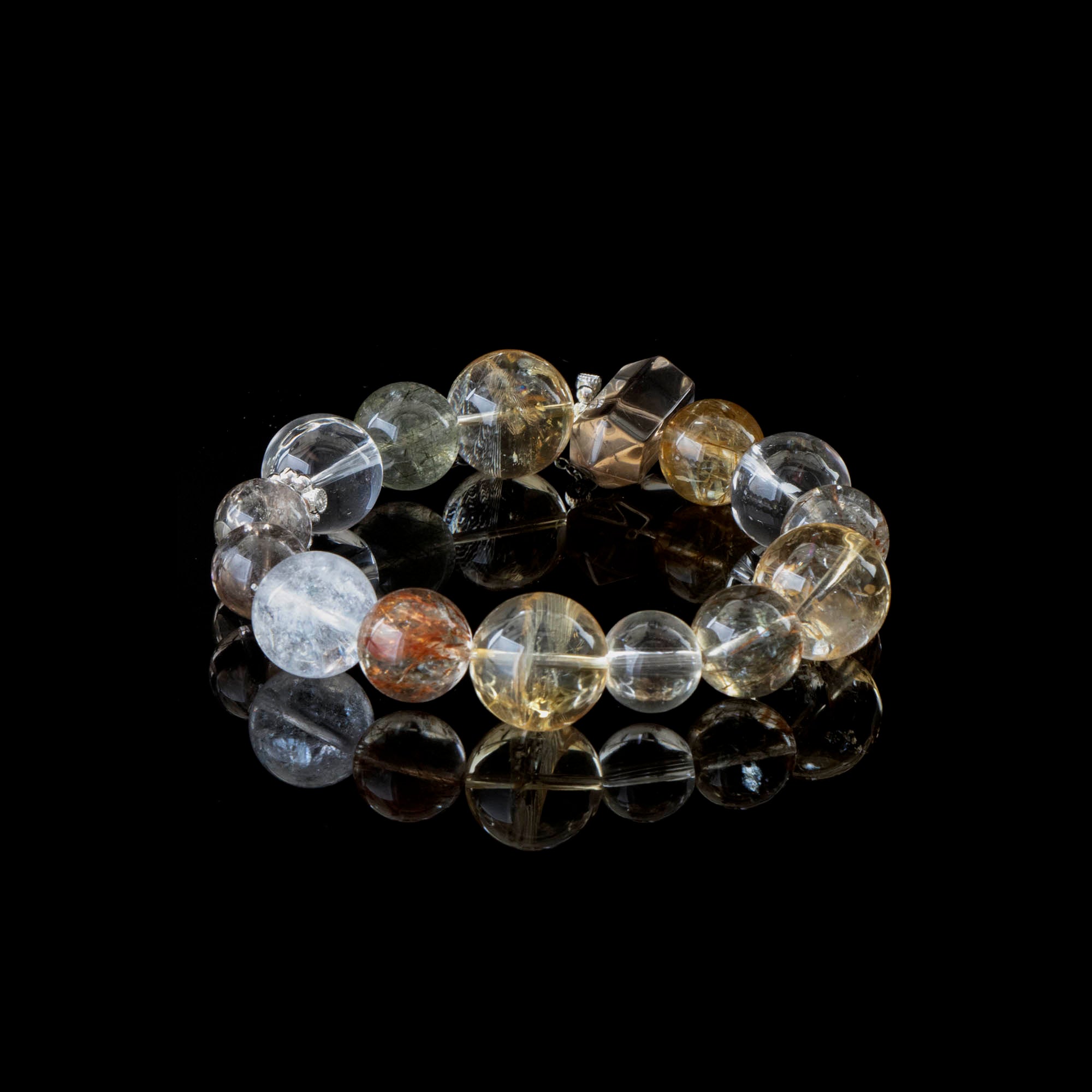 “Harmony of Elements”Crystal Healing Bracelet with Clear Quartz, Citrine, Smoky Quartz, Red Rutilated Quartz & Green Rutilated Quartz – Balance, Energy & Prosperity with 925 Silver