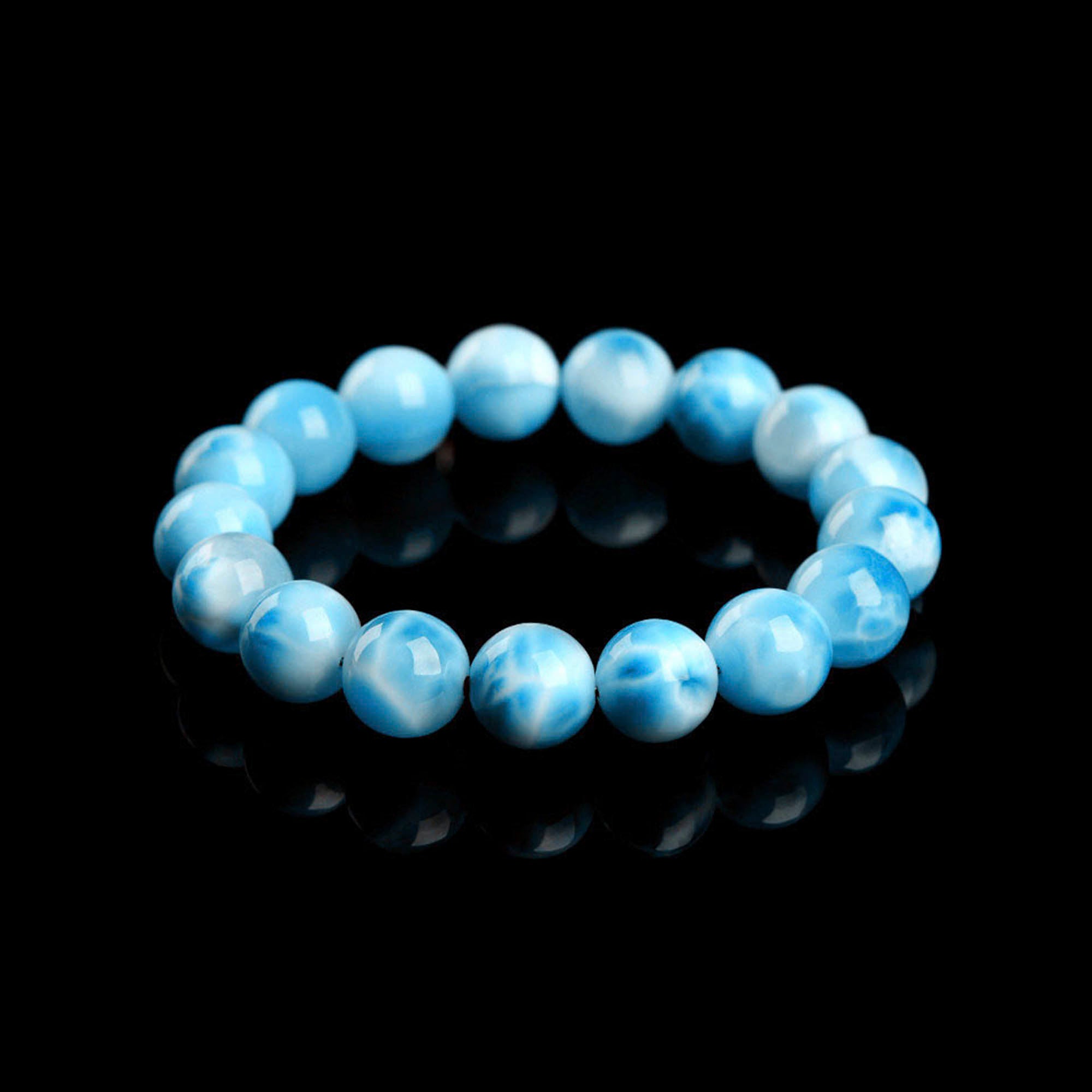 Auralynカスタムラリマーオーシャングロークリスタルブレスレット、11～12mm天然ラリマービーズ、穏やかさ、コミュニケーション、そして海にインスパイアされたスタイルのハンドメイドエネルギージュエリー