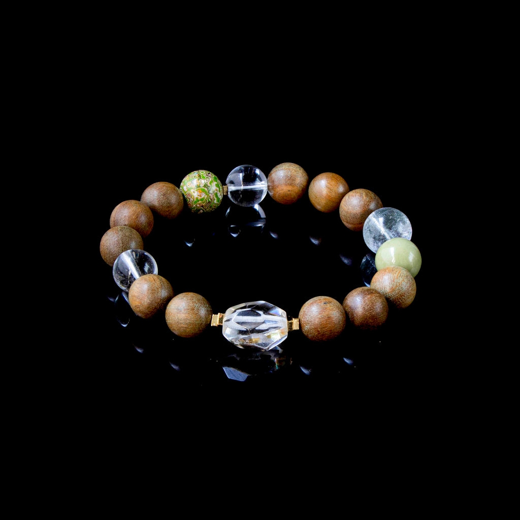 Auralyn Custom Verdant Renewal Crystal Bracelet, 11–12mm Clear Quartz, Green Phantom, Green Sandalwood & Light Avocado Tones with Bi-Color Clear+Citrine Irregular Bead and Silver-Plated Spacers, Handmade Energy Jewelry