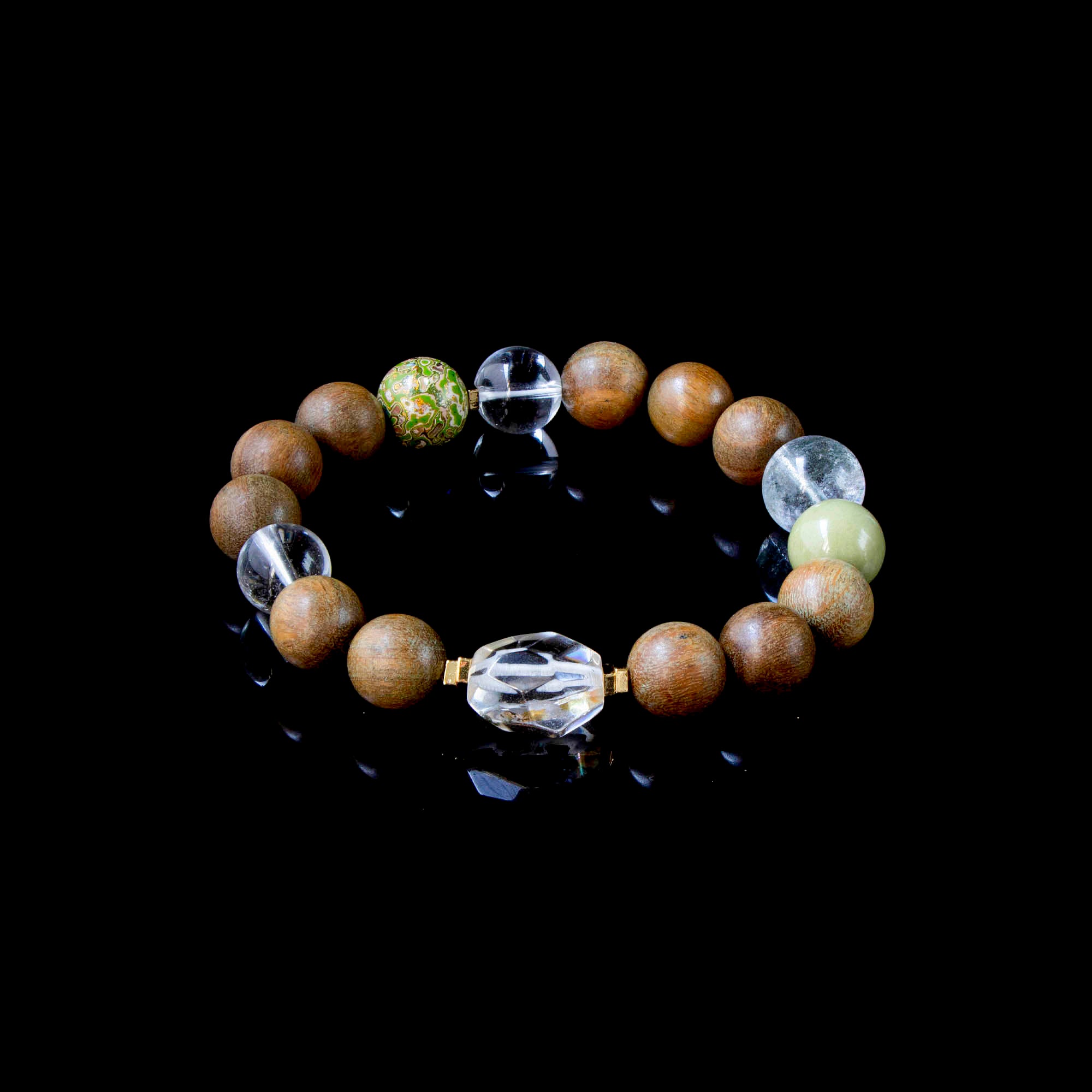 Auralyn Custom Verdant Renewal Crystal Bracelet, 11–12mm Clear Quartz, Green Phantom, Green Sandalwood & Light Avocado Tones with Bi-Color Clear+Citrine Irregular Bead and Silver-Plated Spacers, Handmade Energy Jewelry
