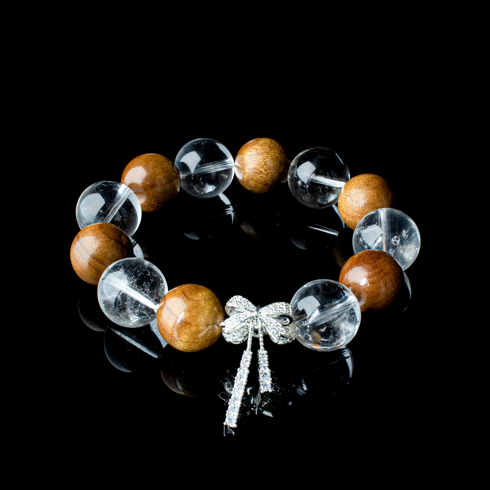 Auralyn Healing Butterfly Serenity Clear Quartz & Golden Phoebe Wood Bracelet, 16–17mm Natural Clear Quartz Beads with Silver-Plated Butterfly Charm, Handmade Mood-Healing Energy Jewelry for Clarity, Calm & Grounding