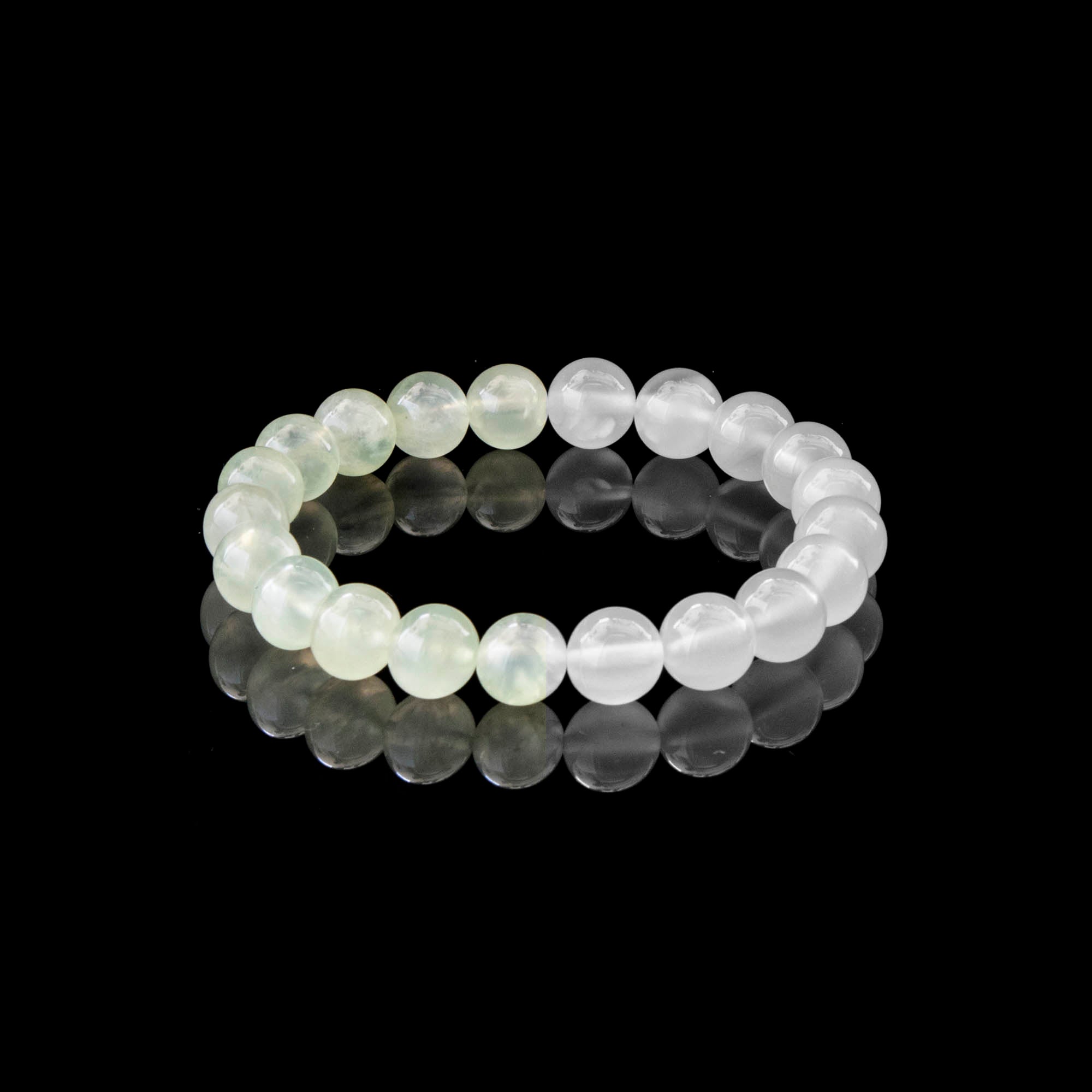 “Serene Horizon”Prehnite and White Agate Bracelet – 8mm Beads for Calm, Balance & Inner Clarity