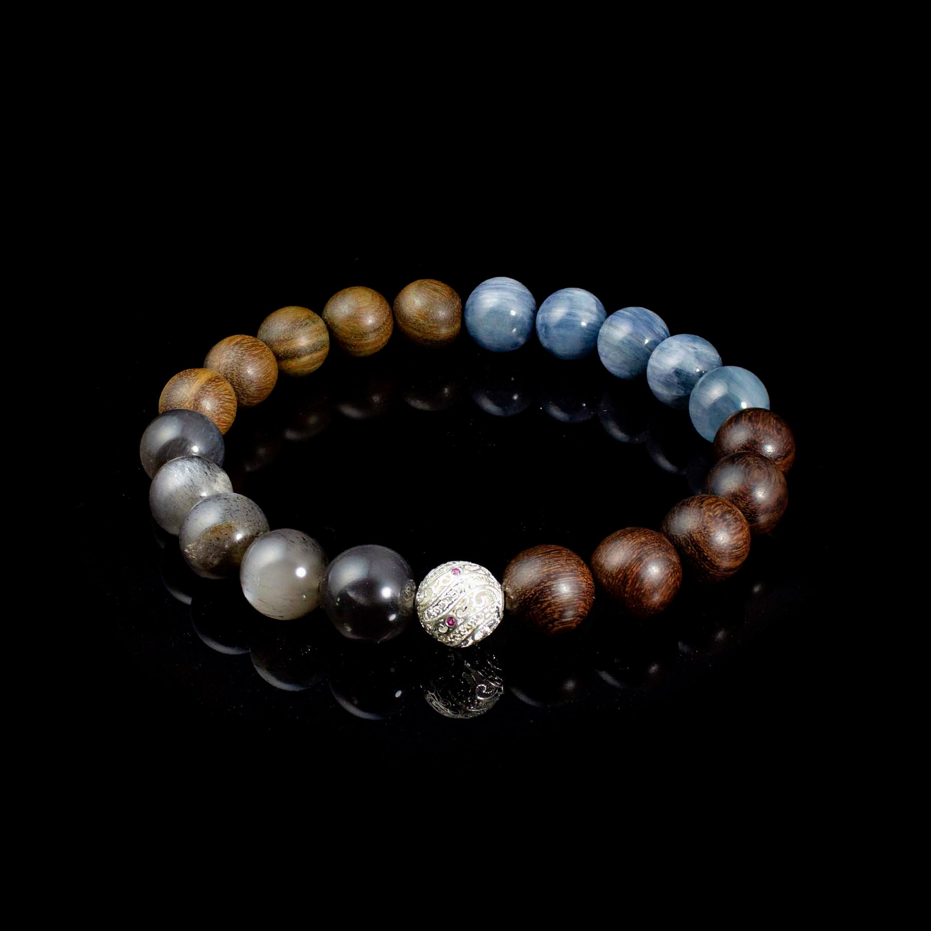 Auralyn Custom Kyanite Nightwood Crystal Bracelet, 10–12mm Kyanite with Black Tourmalinated/“Backbone” Quartz, Black Labradorite, Red & Green Sandalwood Beads and Filigree Silver Spacer, Handmade Energy Jewelry