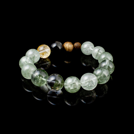 Auralyn Custom Forest Breath Green Rutilated Quartz Bracelet, 13–14mm Dark & Light Green Rutile with Starry Garden Phantom, Golden Flower Agate, Silver Obsidian & Two Agarwood Beads, Handmade Energy Jewelry