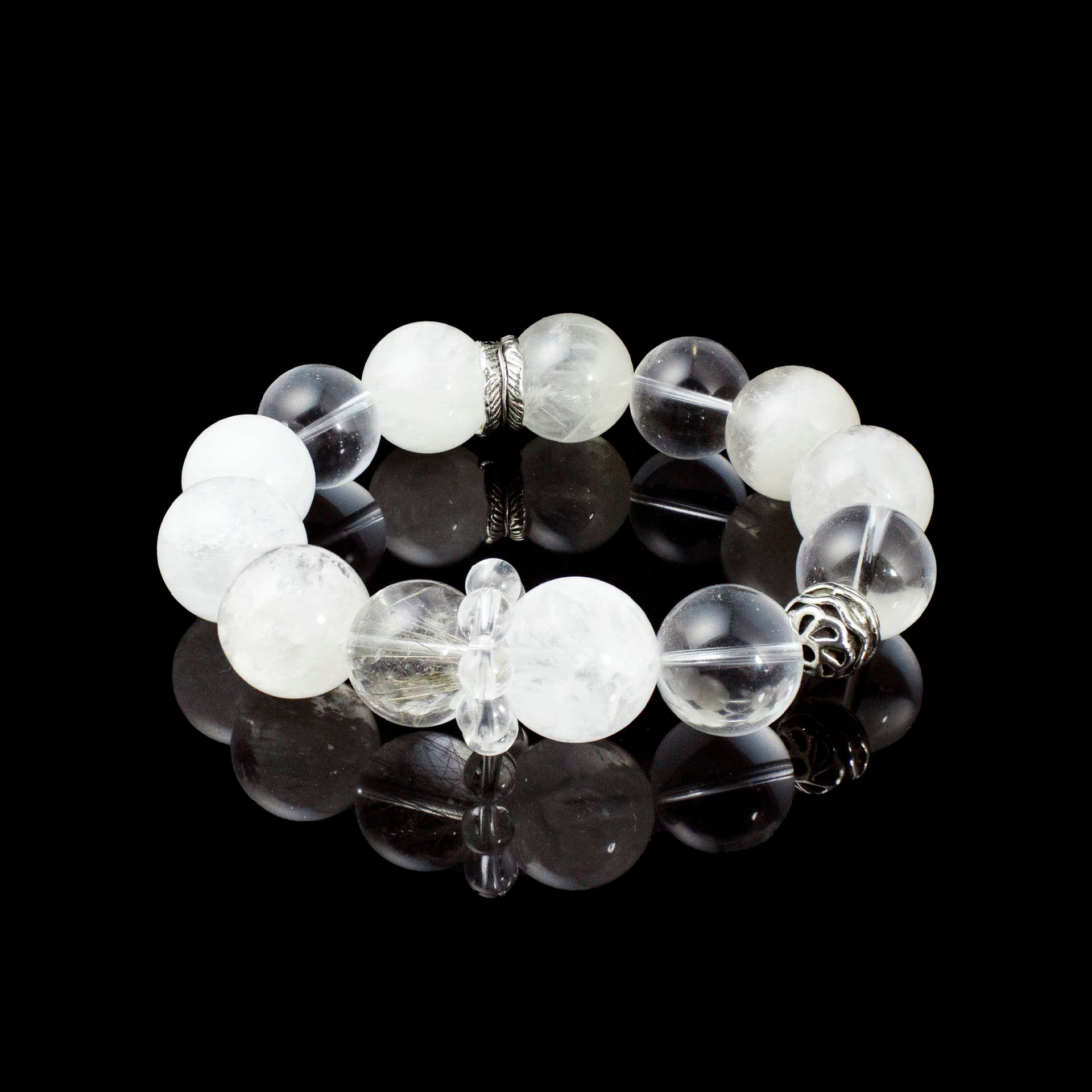 Auralyn Custom Frosted Clarity Crystal Bracelet, 13–14mm White Phantom, Clear Quartz & Silver Rutilated Quartz with Tibetan Silver Spacers & Rings, Handmade Energy Jewelry in Pure White/Transparent Tones