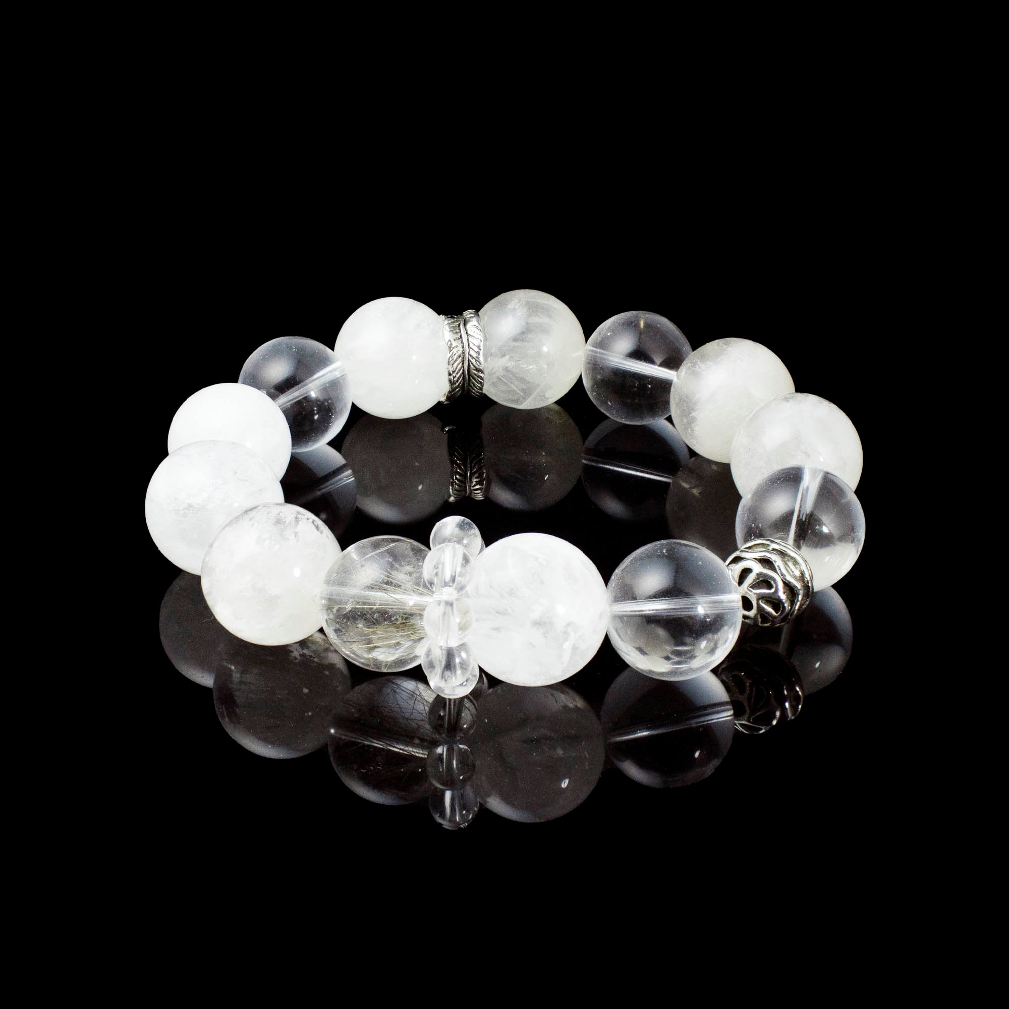 Auralyn Custom Frosted Clarity Crystal Bracelet, 13–14mm White Phantom, Clear Quartz & Silver Rutilated Quartz with Tibetan Silver Spacers & Rings, Handmade Energy Jewelry in Pure White/Transparent Tones