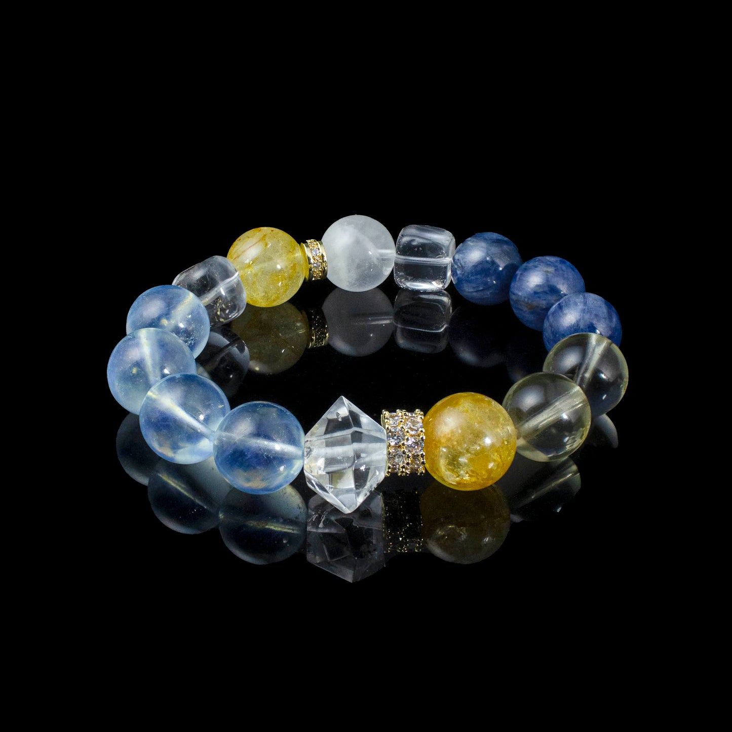 Auralyn Tarot Temperance Blue–Gold Crystal Bracelet, 13–14mm Kyanite, Aquamarine, White Phantom & Citrine with Golden Flower Agate, Herkimer-Style Irregular & Sugar-Cube Accents, Gold-Plated Spacers, Handmade Energy Jewelry