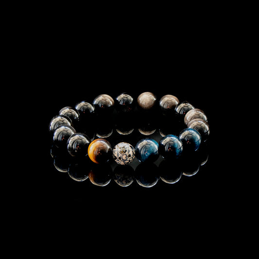 “Eclipse Guardian”Obsidian Bracelet with Blue Tiger’s Eye, Golden Tiger’s Eye & Mother-of-Pearl Lacquer Beads – Men’s Protection & Power Jewelry