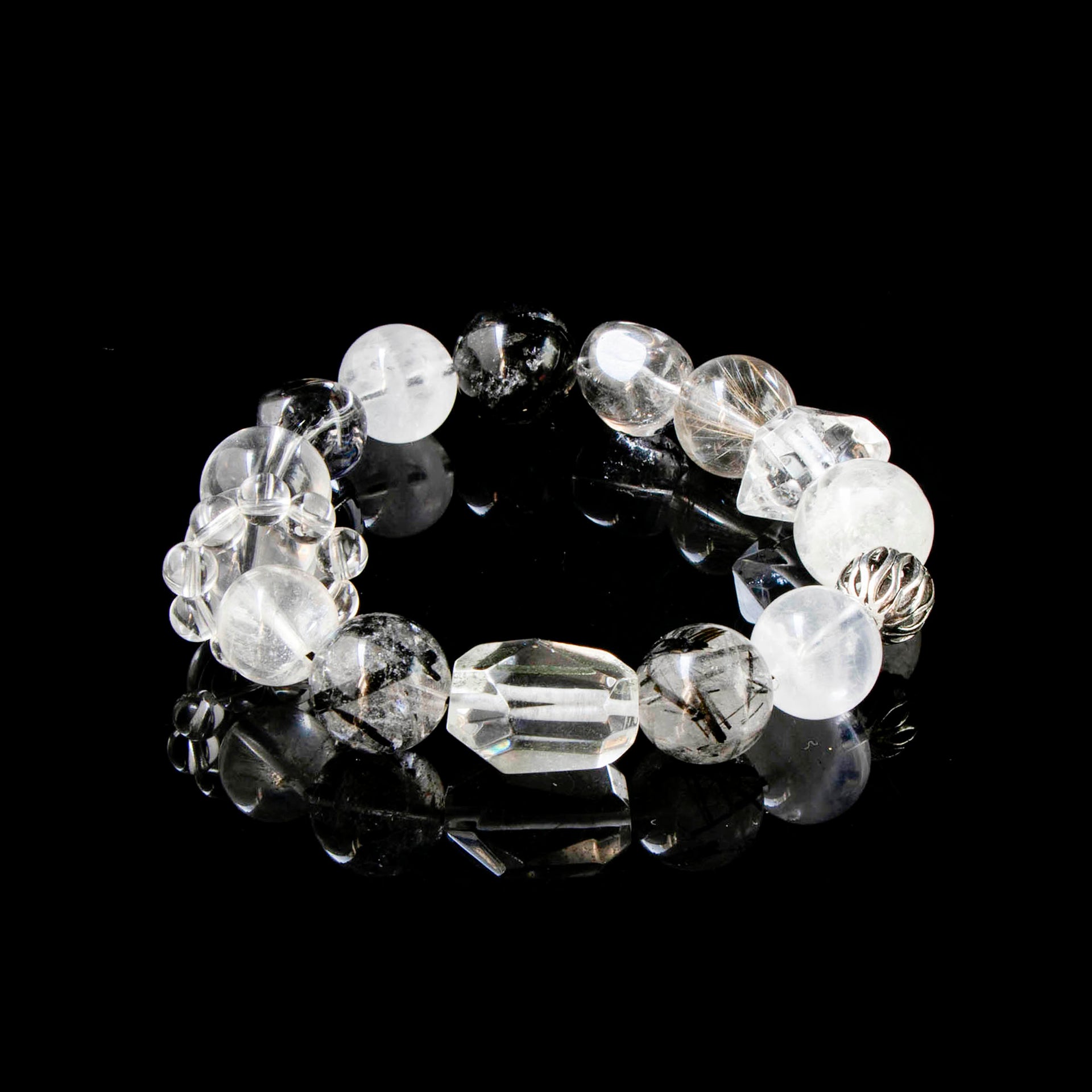 Auralyn Custom Monochrome Clarity Crystal Bracelet, 13–15mm Clear Quartz, White Phantom, Black Labradorite, Black Rutilated Quartz with Herkimer-Style Cone & Irregular Clear Beads, Clear-Quartz Runner Ring, Handmade