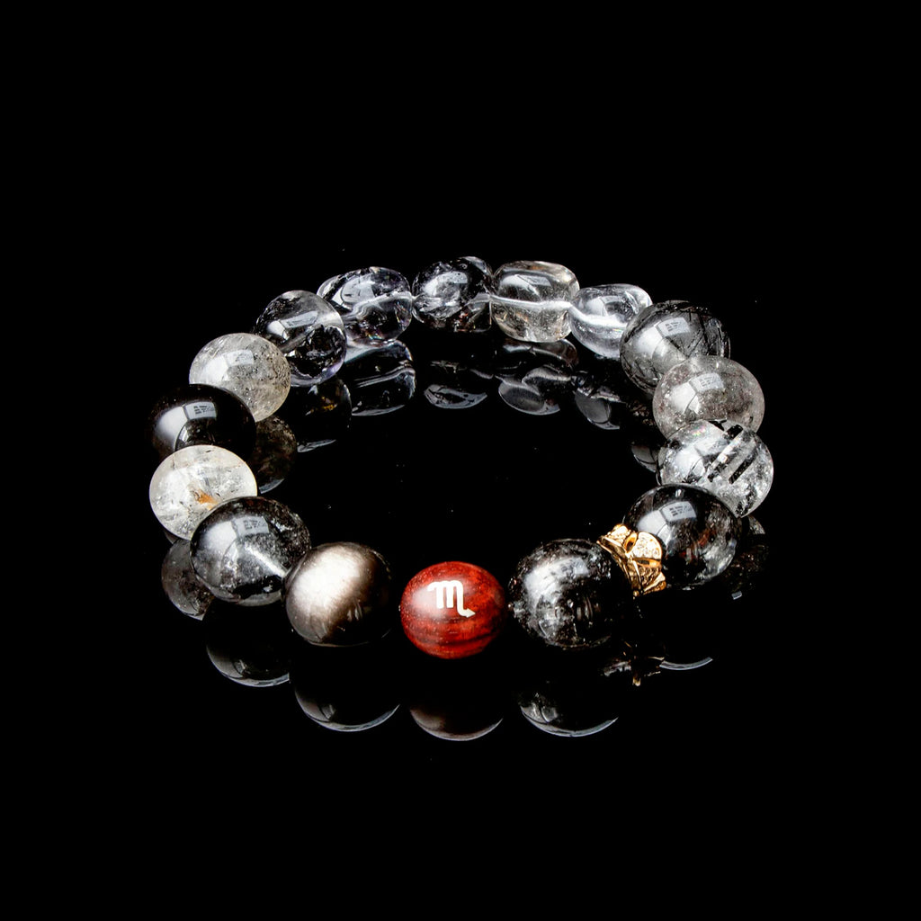 Auralyn Virgo Precision Shield Crystal Bracelet, 13–14mm Silver Obsidian, Black Labradorite, Herkimer Diamond & Black Rutilated Quartz with Gold-Plated Spacers and Sterling Silver Virgo Inlaid Bead, Handmade Zodiac Energy Jewelry
