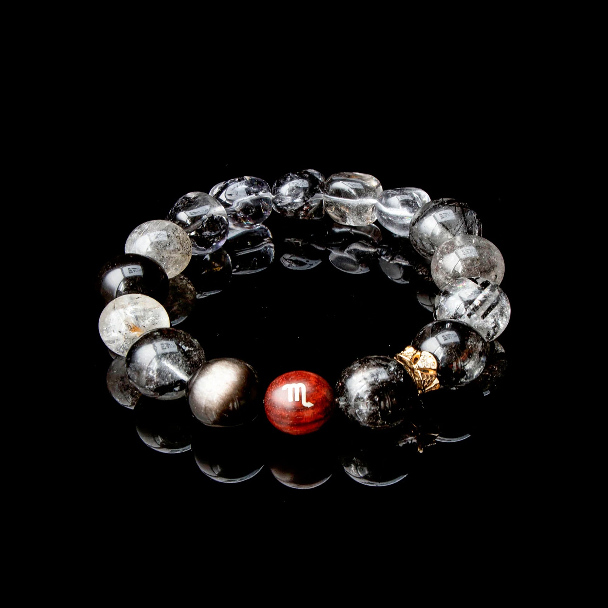 Auralyn Virgo Precision Shield Crystal Bracelet, 13–14mm Silver Obsidian, Black Labradorite, Herkimer Diamond & Black Rutilated Quartz with Gold-Plated Spacers and Sterling Silver Virgo Inlaid Bead, Handmade Zodiac Energy Jewelry