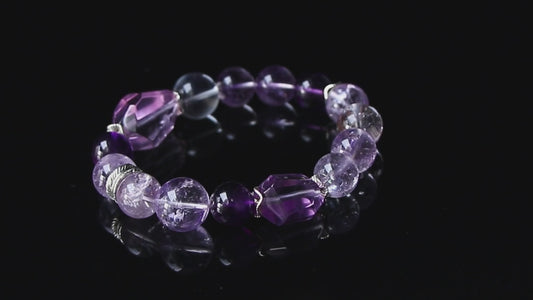Auralyn Celestial Aura Amethyst Crystal Bracelet with Red Rutilated Quartz & Clear Quartz, 13–14mm Handmade Energy Beads, Tibetan Silver Accents, Emotional Healing & Spiritual Growth