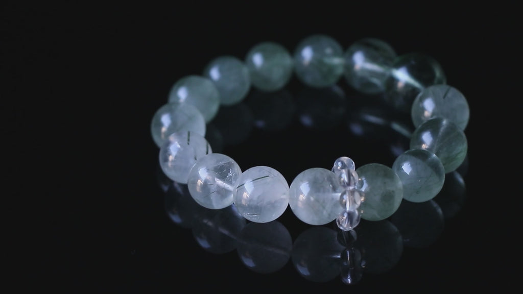 Auralyn Tarot Temperance Green Rutilated Quartz Bracelet, 13–14mm Dark & Light Green Rutilated Gradient with 16mm Green Quartz Center and Clear Quartz Runner Ring, Handmade Crystal Energy Jewelry for Balance & Growth