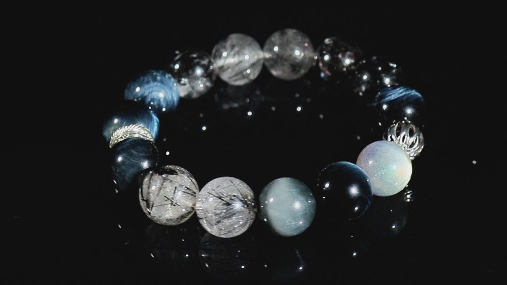 Abyssal Meridian Bracelet – Blue Tiger’s Eye, Black Rutilated, Sparkle Quartz & Gray Moonstone | 13–14mm Handmade Gift