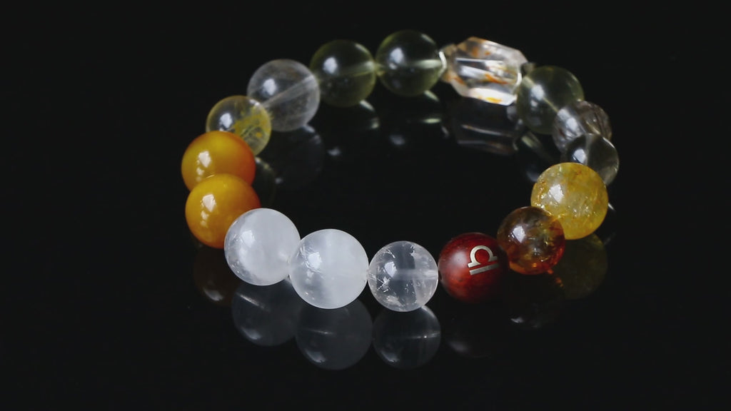 Auralyn Libra Golden Balance Super Seven Crystal Bracelet, 13–14mm Super Seven with Citrine, Flower Agate (Golden/Orange), White Phantom Quartz & Tiger’s Eye, Raw Mineral Accent, Sterling-Silver Inlaid Libra Redwood Bead, Handmade