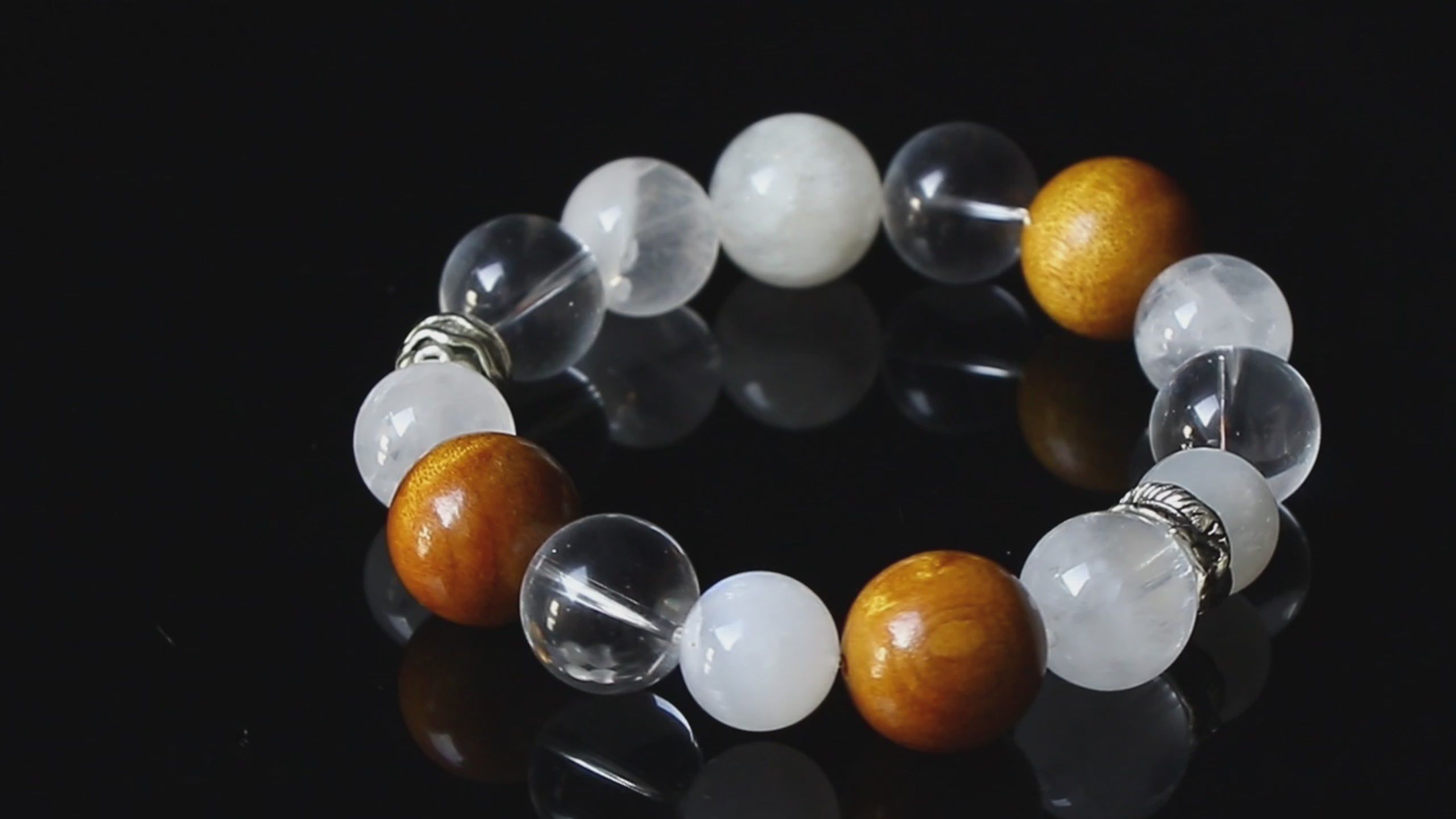 Auralyn Custom Feathered Clarity White Phantom & Clear Quartz Bracelet, 13–14mm Quartz with 15–16mm Golden Phoebe Wood, Tibetan-Silver Feather Spacer & Rings, Handmade Energy Jewelry for Renewal, Clarity & Grounding