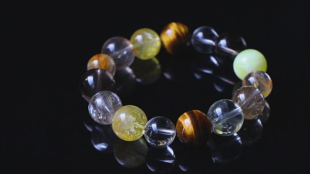 Auralyn Life Rhythm Ground & Glow Crystal Bracelet, 13–14mm Smoky Quartz, Green Quartz, Actinolite & Tourmaline Rutilated Quartz, Flower Agate, Amber, Tiger’s Eye & Red Rutilated, Handmade Energy Jewelry