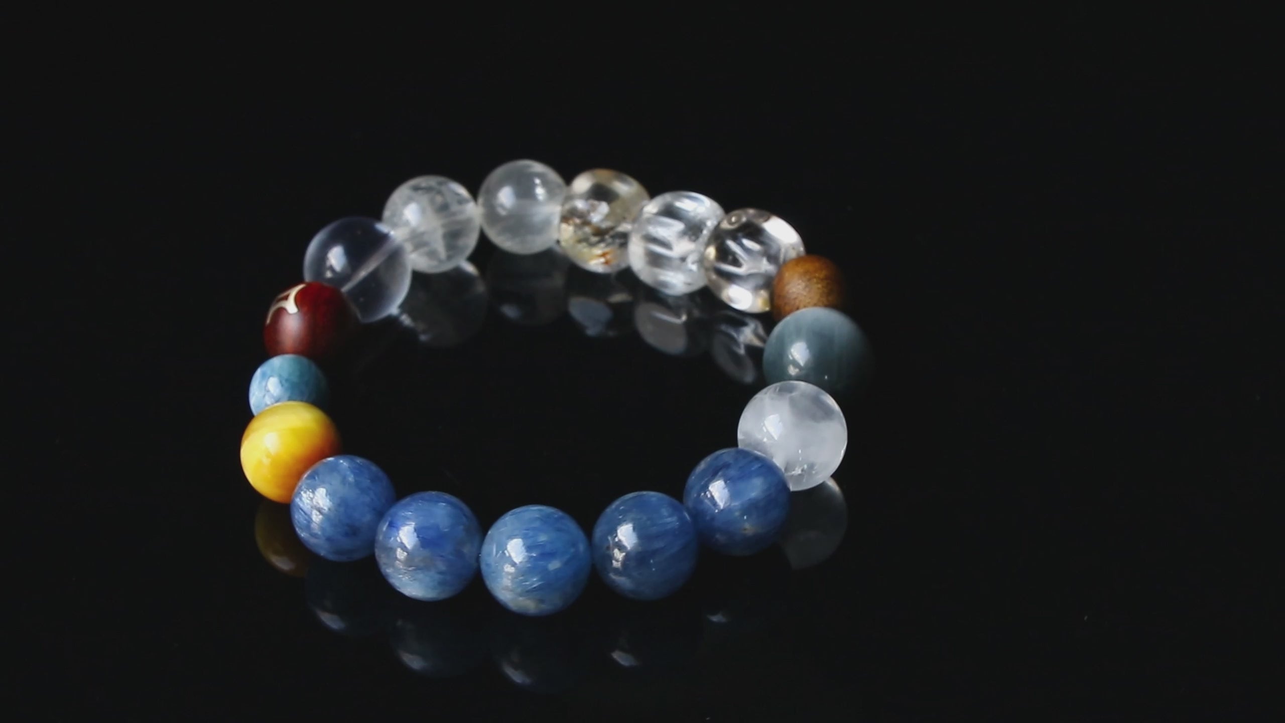 Auralyn Gemini Celestial Flow Crystal Bracelet, 13–14mm Kyanite, Blue Tiger Eye, Aquamarine, White Phantom, Clear Quartz & Herkimer Diamond with 9mm Agarwood and Sterling Silver Gemini Bead, Handmade Zodiac Energy Jewelry