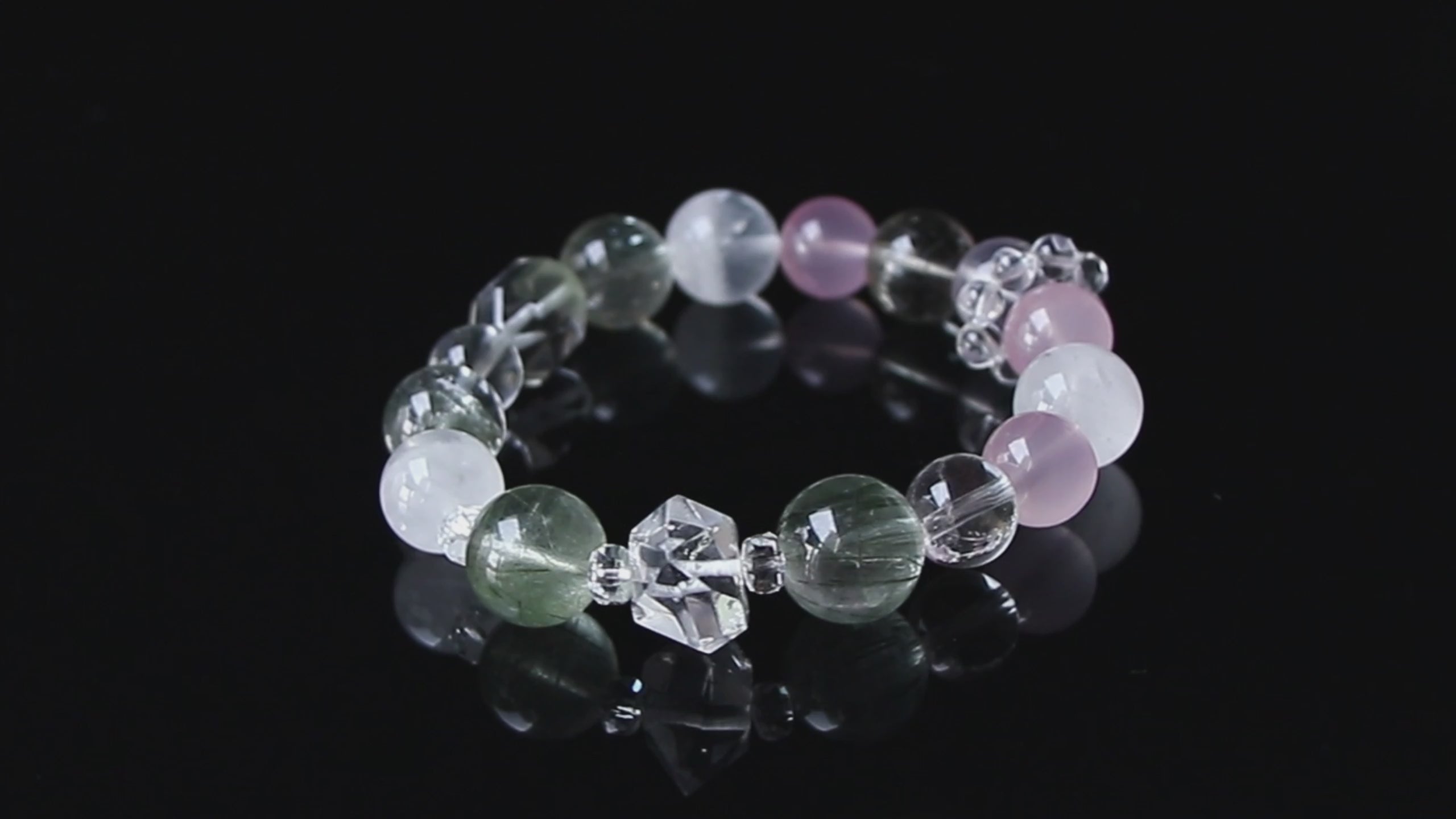 Auralyn Garden of Light Crystal Bracelet, 13–14mm White Phantom, Rose Quartz, Green Phantom, Green Rutilated & Tourmaline Rutilated Quartz with Clear Quartz Spacers, Handmade Energy Jewelry