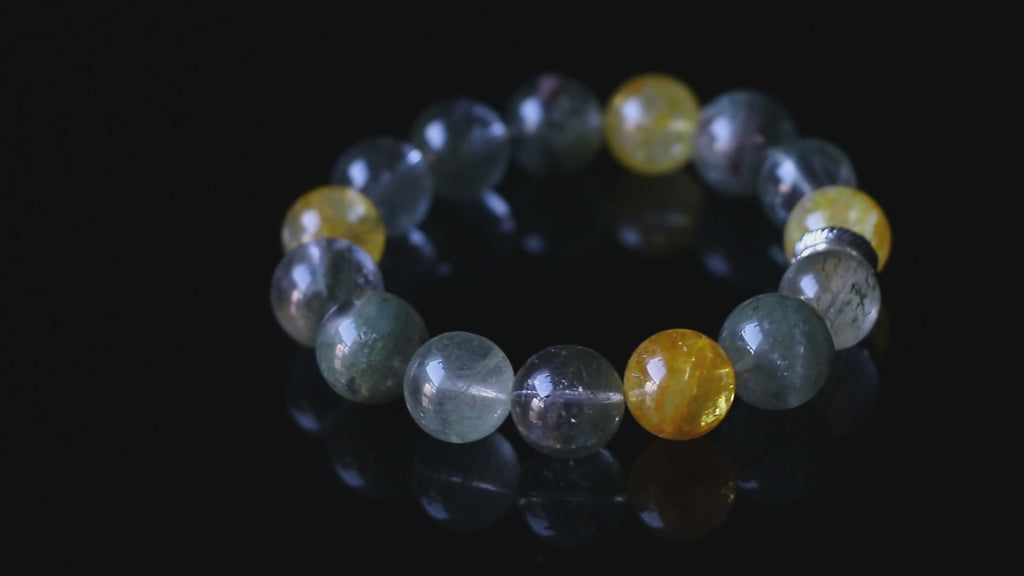 Auralyn Tarot The Empress Green Phantom Crystal Bracelet, 13–14mm Garden Quartz with Impression Jasper, Golden Flower Agate & Tourmaline Rutilated Quartz, Silver Feather Spacer, Handmade Energy Jewelry