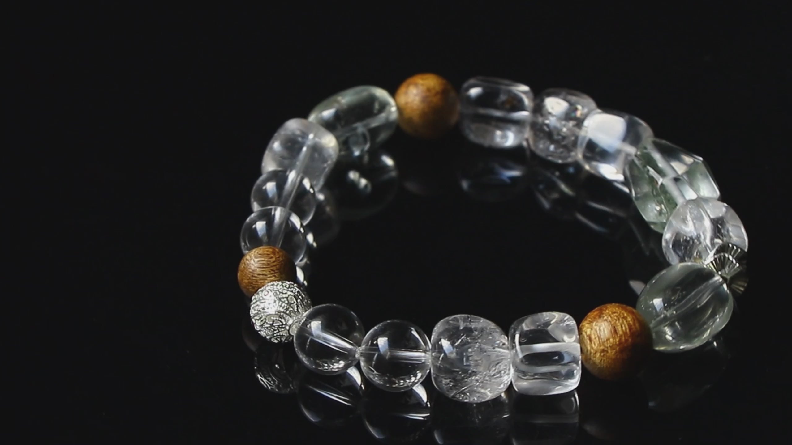 Auralyn Tarot The Star Clear & Green Quartz Crystal Bracelet, 12–13mm Clear Quartz with Oval Green Quartz, Irregular Green Phantom & Herkimer-Style Cube, Agarwood Bead, Tibetan Silver & Silver-Plated Accents, Handmade