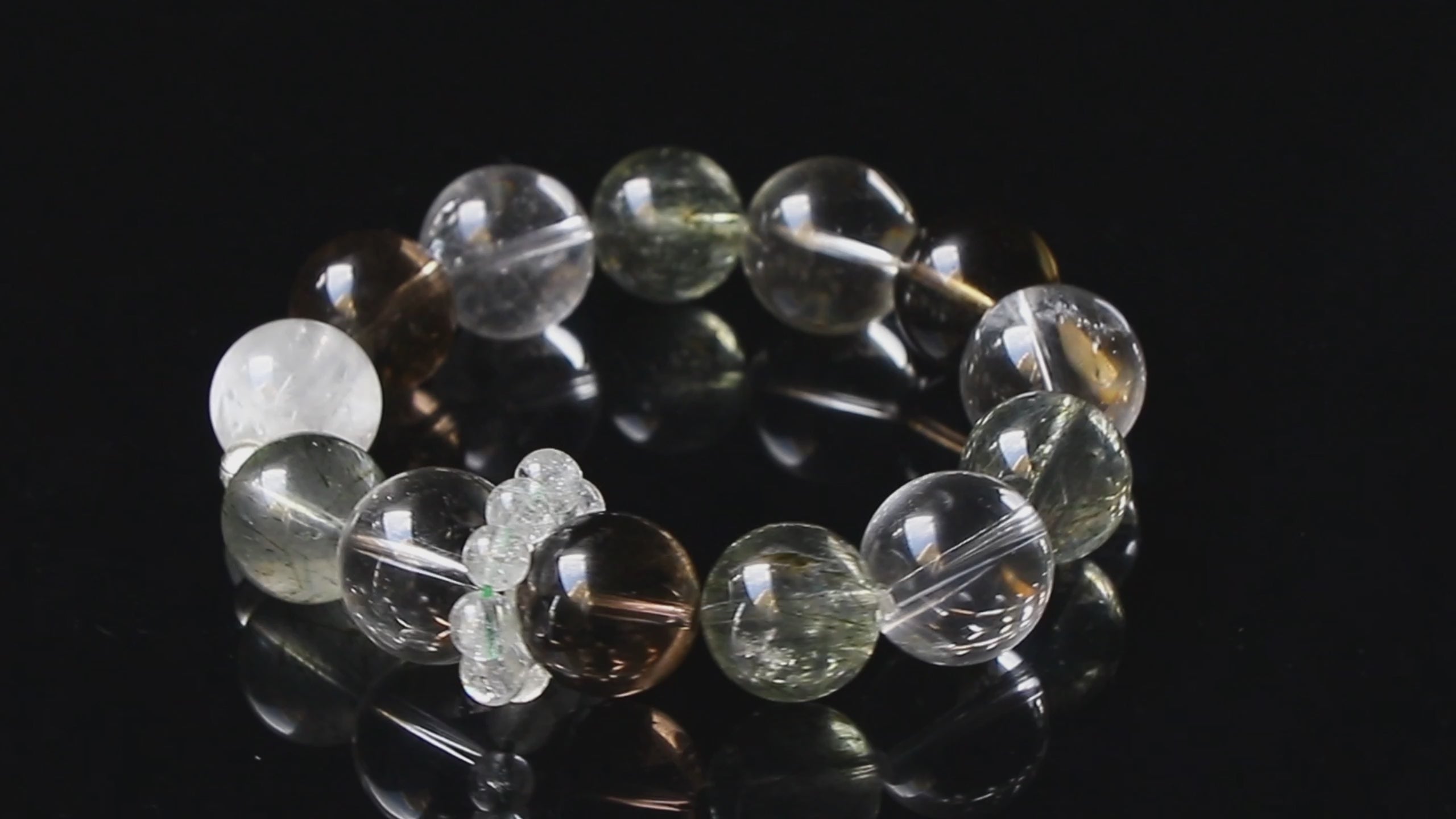 Auralyn Life Rhythm Clarity Momentum Crystal Bracelet, 14–16mm Tourmaline Rutilated Quartz with Clear Quartz, Smoky Quartz & White Phantom, Clear Quartz Runner Ring, Handmade Energy Jewelry