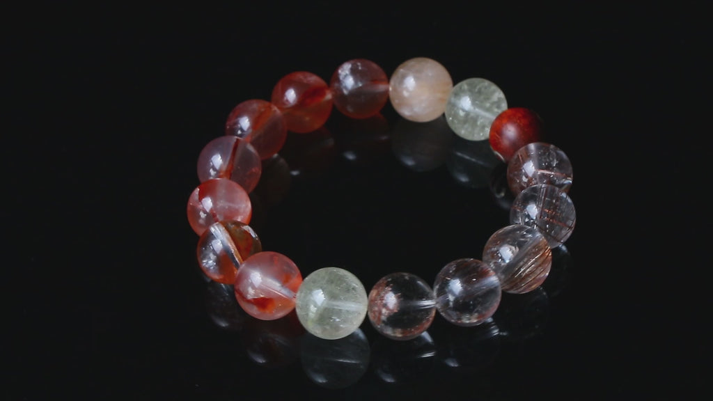 Auralyn Aries Flame Bloom Crystal Bracelet, 13–14mm Red Flower Agate, Red & Venus Rutilated Quartz, Rabbit Hair Quartz, Sterling Silver Aries Bead, Handmade Zodiac Energy Jewelry