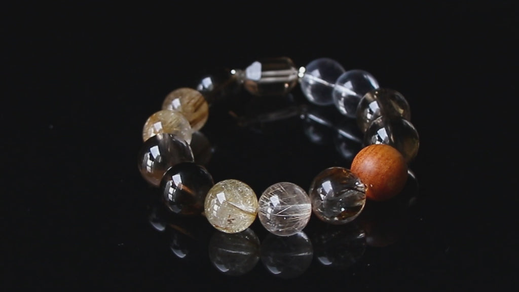 Auralyn Life Rhythm Smoky Quartz Crystal Bracelet, 13–14mm Smoky Quartz, Silver & Venus Rutilated Quartz with Clear Quartz and Wood Bead, Handmade Energy Jewelry