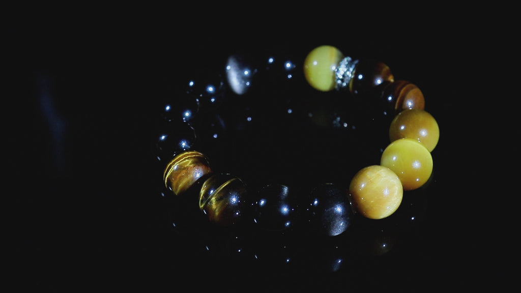 Celestial Guardian Bracelet – Tiger’s Eye & Silver Obsidian with Tibetan Silver Rings | Protective Energy Gift