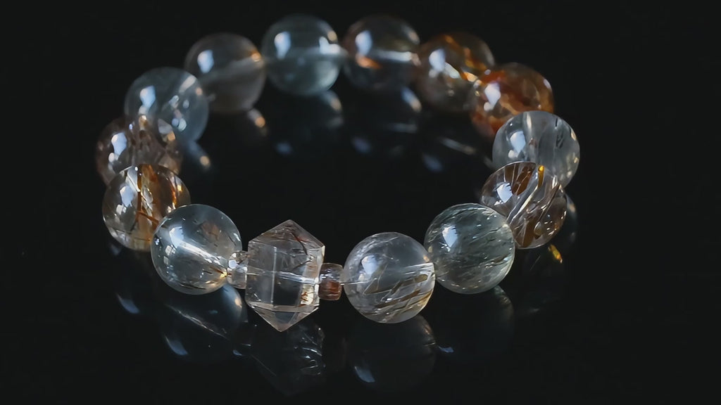 Auralyn Tarot The Magician Black-Gold Super Seven Crystal Bracelet, 13–14mm Super Seven with Tourmaline Rutilated Quartz & Raw Irregular Super Seven Accent, Natural Minerals, Handmade Energy Jewelry