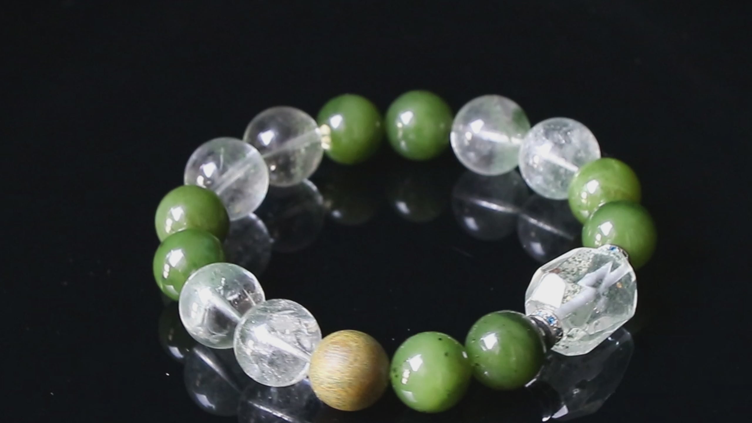 Auralyn Custom Star-Garden Green Phantom Quartz Bracelet, 13–14mm Garden/“Starry” Phantom with Irregular Phantom Accent, Avocado Tone Bead & Natural Wood, Handmade Energy Jewelry for Renewal, Clarity & Grounding